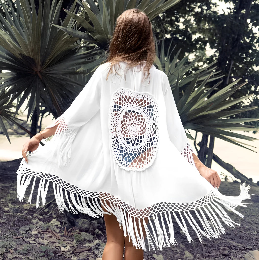 White women's sun proof shirt beach blouse polypropylene swimwear top on model