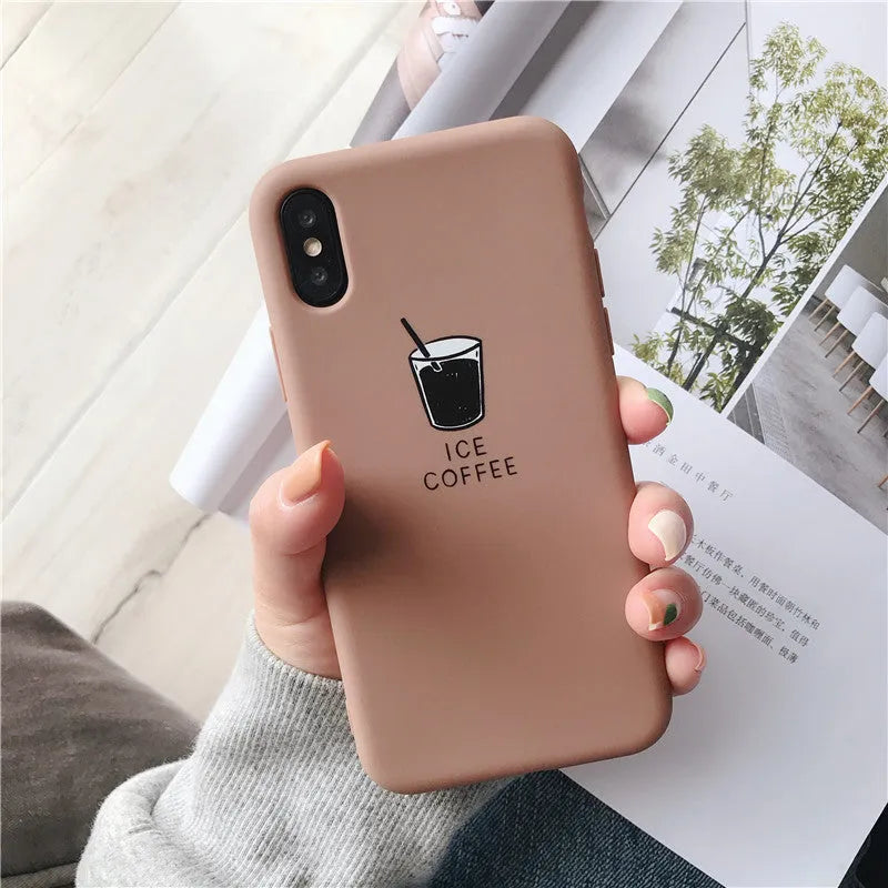 Soft matte silicone iPhone case showing ice coffee and french fries couple-themed designs.