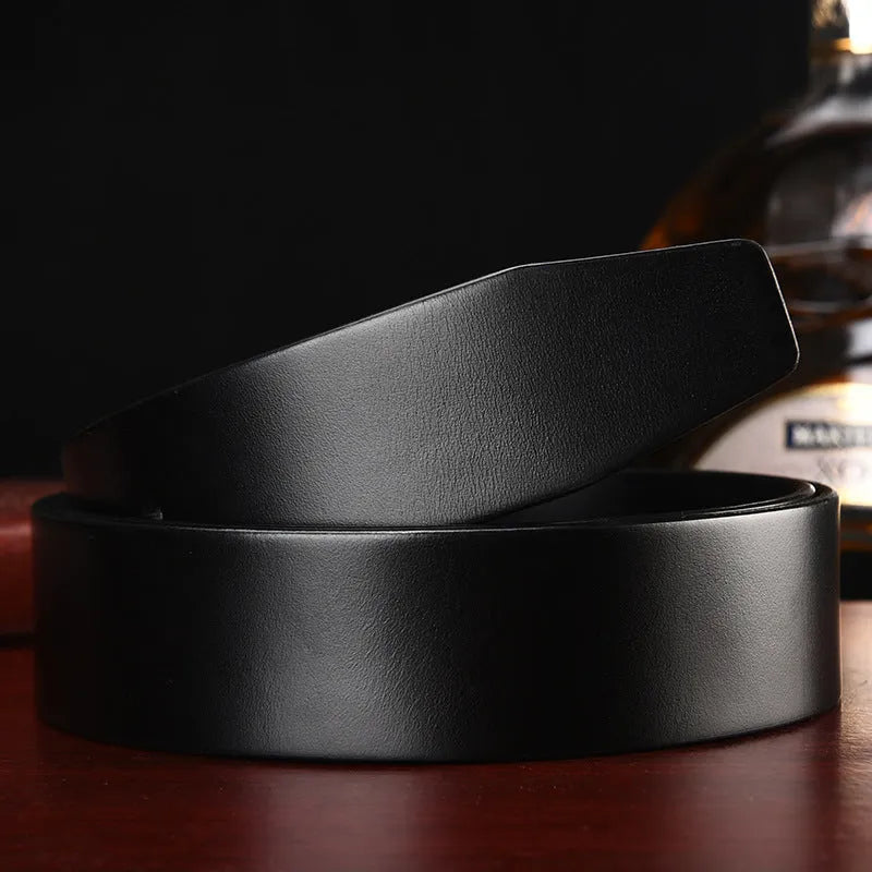 Men's headless buckle leather belt, first layer cowhide, 3.5cm wide, shown in black and coffee colour