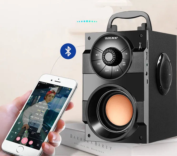 Black portable mini home audio system with subwoofer, satellite speakers and 1.2 metre connection cable