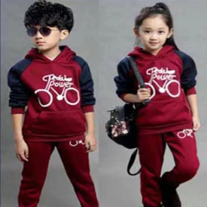 Korean-style two-piece sports suit for older kids in black, red, or red wine colours with printed design