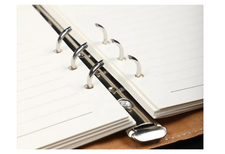 A5 leather notebook with 6-hole binder clip in black, blue, brown, grey or red colours
