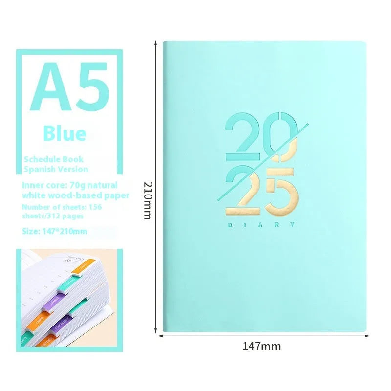 2025 A5 daily planner with soft faux leather cover in multiple colour options showing open pages