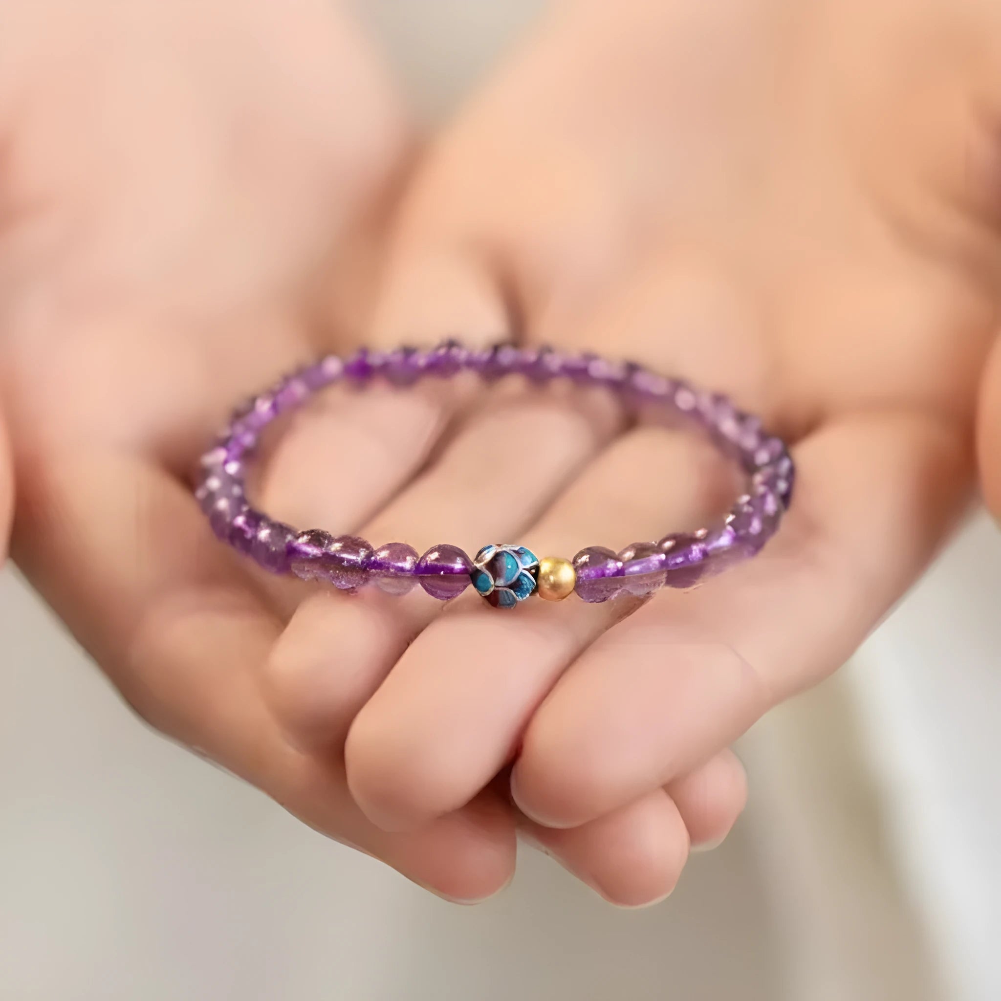 Chinese student style bracelet with purple lotus design on mixed materials