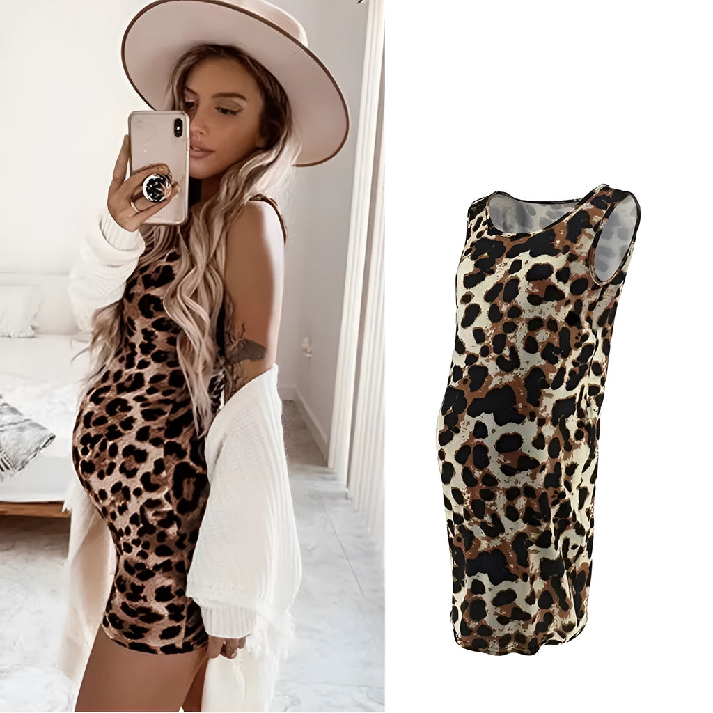 Maternity leopard print sleeveless v-neck midi dress in brown for pregnant women