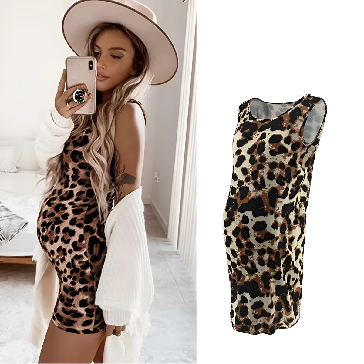Maternity leopard print sleeveless v-neck midi dress in brown for pregnant women