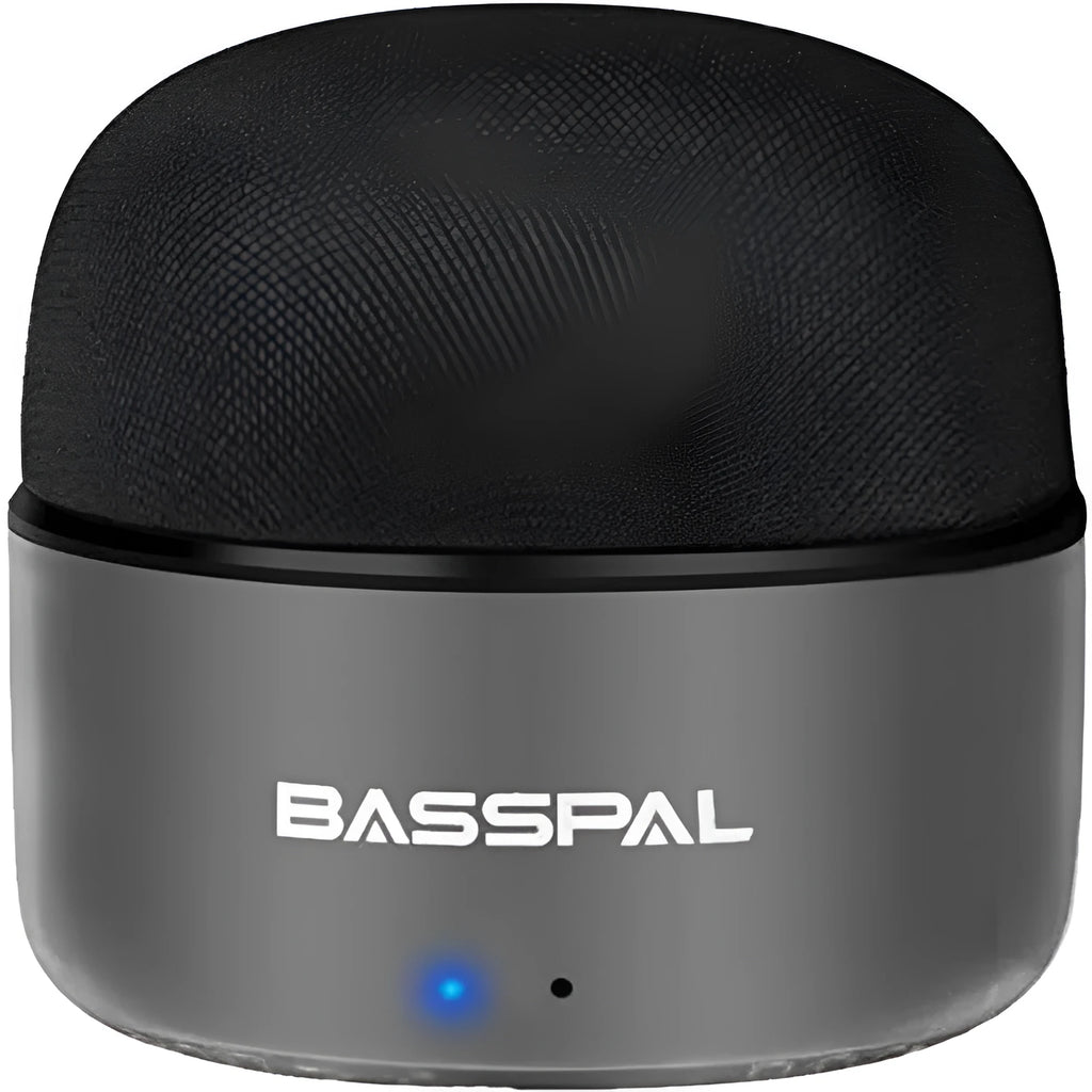 Black portable mini Bluetooth speaker with button controls and waterproof plastic shell.