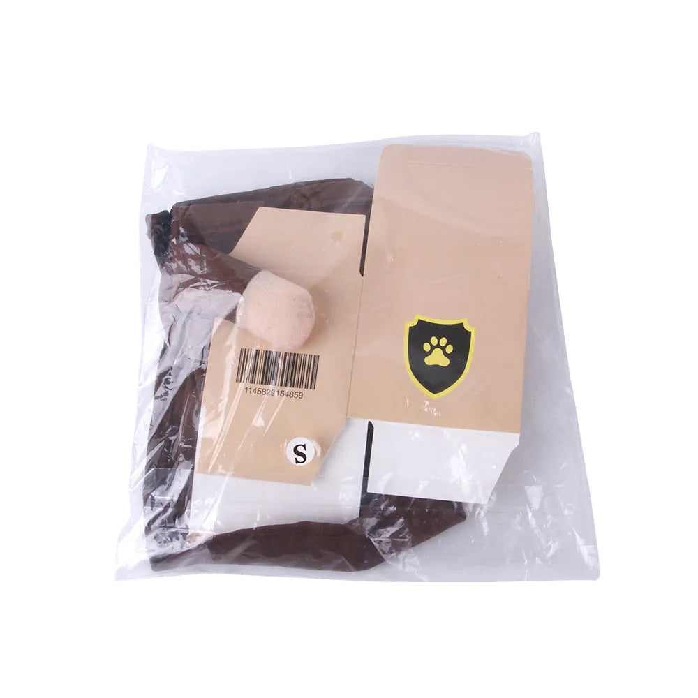 Coffee-coloured polyester courier costume for a dog standing up.