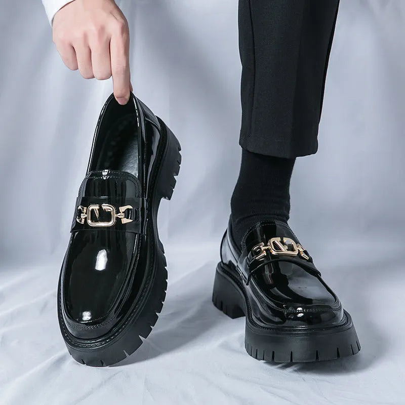 Men's glossy black PU leather slip-on loafers with a low platform heel for summer.