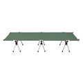 Portable folding bed in khaki colour showing folded and assembled configurations with storage bag