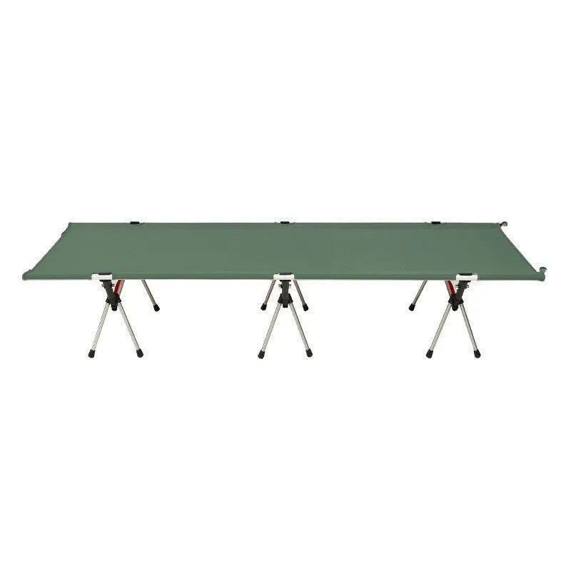 Portable folding bed in khaki colour showing folded and assembled configurations with storage bag