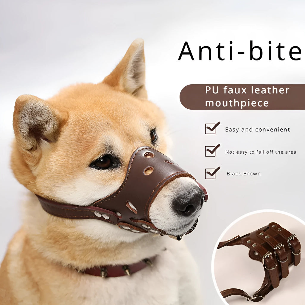 Adjustable dog muzzle silencer in black or brown showing anti-barking and bite prevention design for small to large dogs