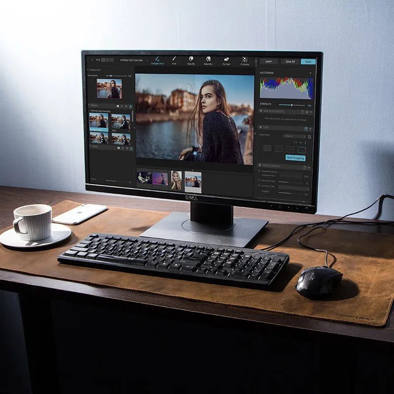 Extra large non-slip coffee mad horse skin leather desk pad, 90cm x 45cm, on a computer desk with keyboard and mouse.