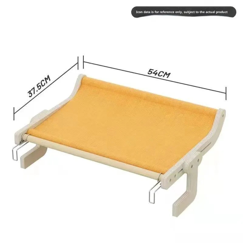 Extra large cat hanging bed with solid wood board in blue on a balcony, with canvas hammock