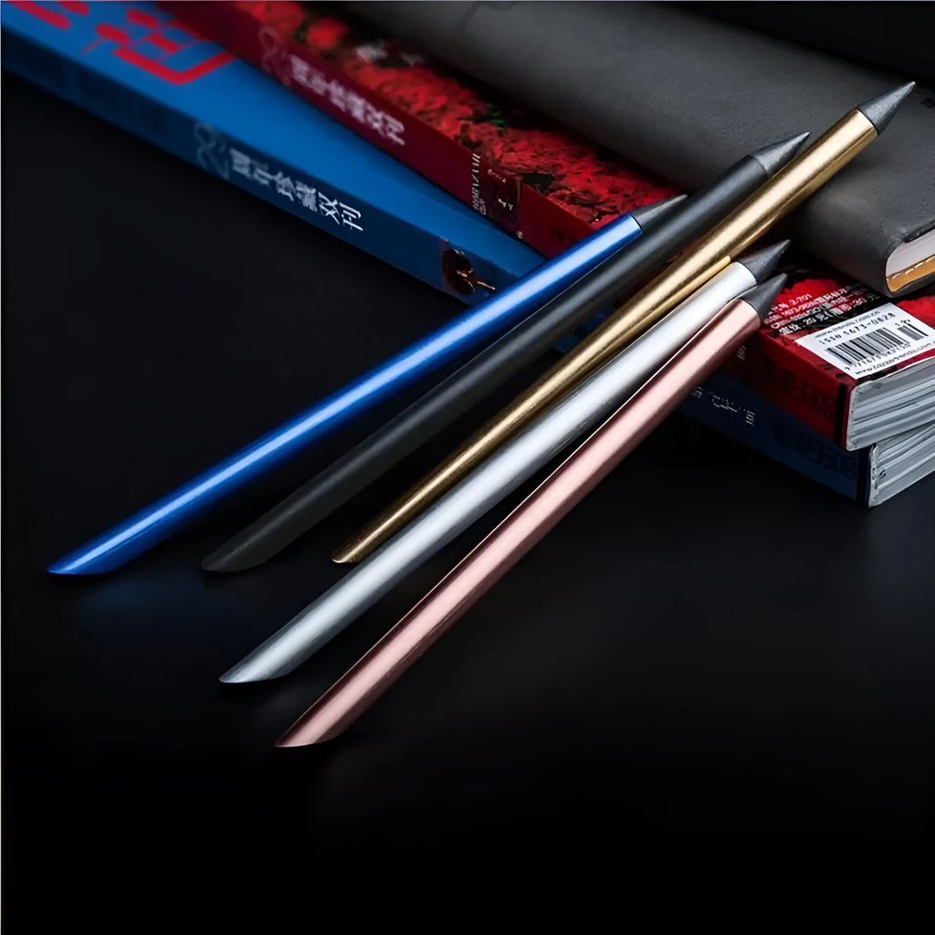Silver inkless metal pen with 0.5mm alloy nib, spare nib, and pen bag on a table.