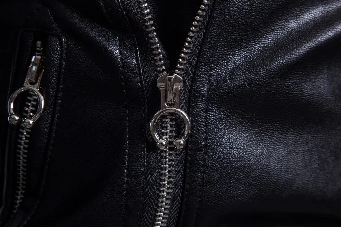 Men's black sheepskin leather jacket with suit collar and zipper front, regular fit, on display