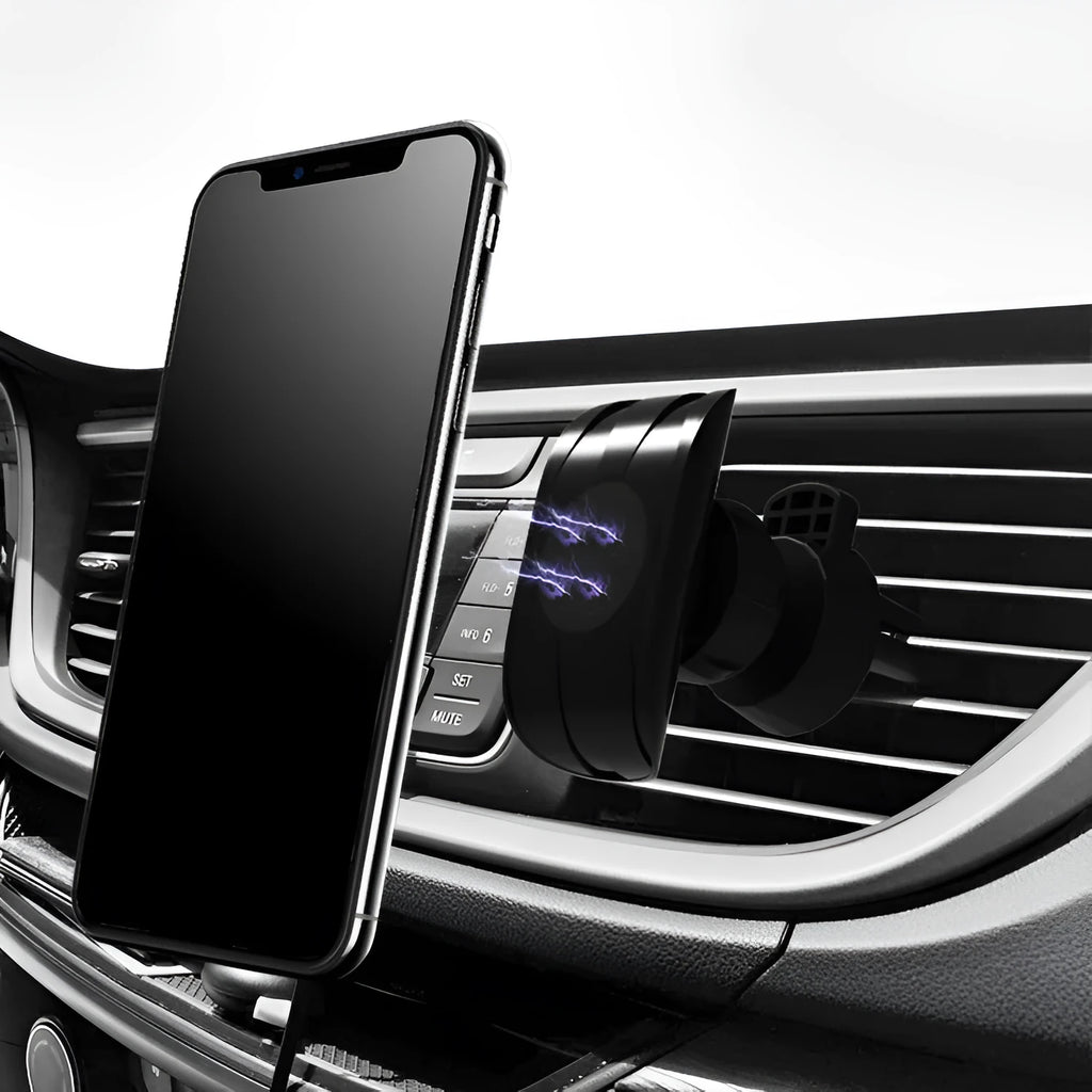 Glory black ABS plastic car phone holder clipped onto a car air vent.