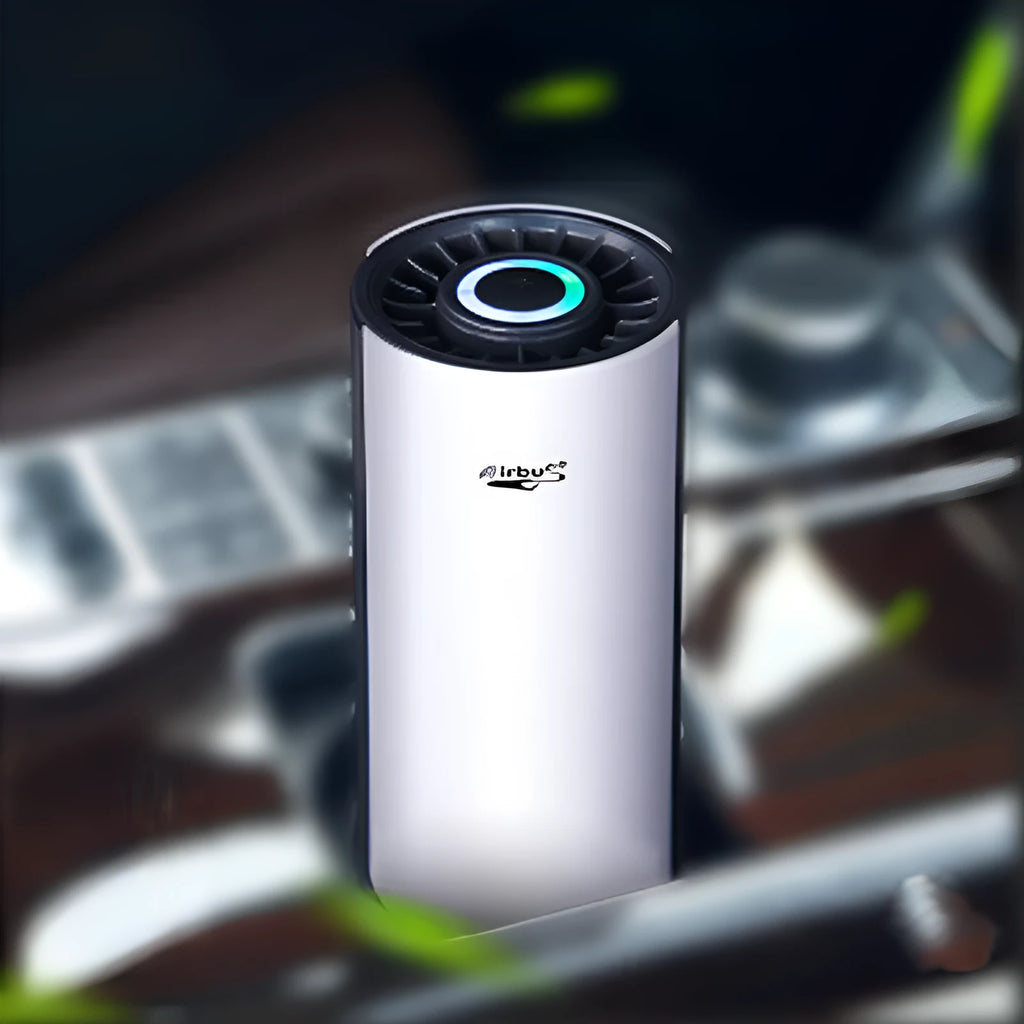 White ABS car air purifier with negative ion and USB power, placed in a cup holder