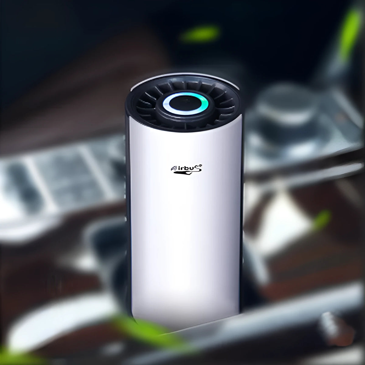 White ABS car air purifier with negative ion and USB power, placed in a cup holder