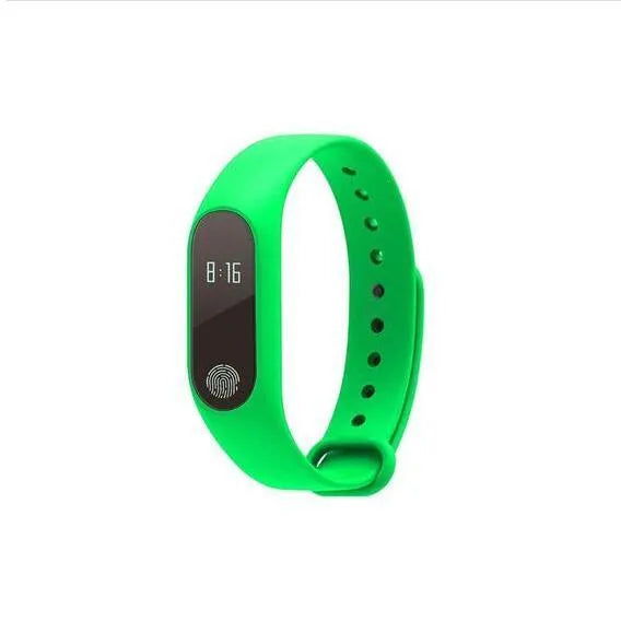 Motion intelligent hand ring fitness tracker in multiple colours on a wrist, showing heart rate and step display.
