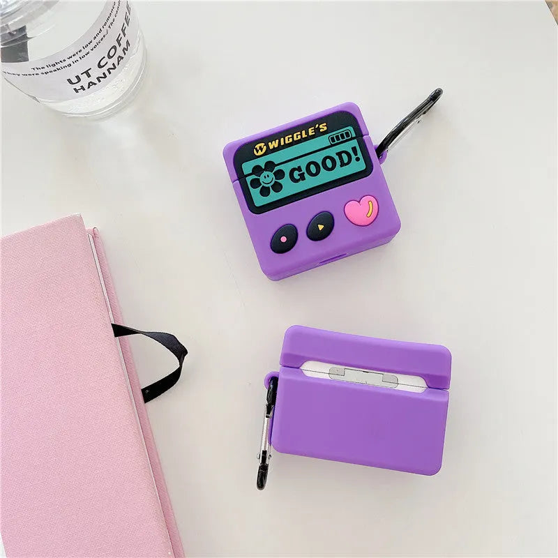 Retro purple BB machine cartoon silicone back cover for AirPods 1, 2, and Pro 3 with hook