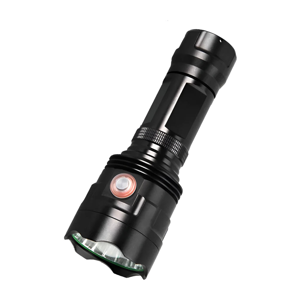 Black aluminium alloy tactical flashlight with USB charging port and multiple lighting modes