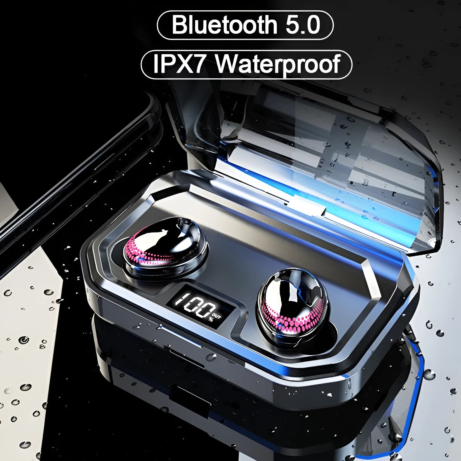 Black X10 Bluetooth wireless headset with charging case showing compact design
