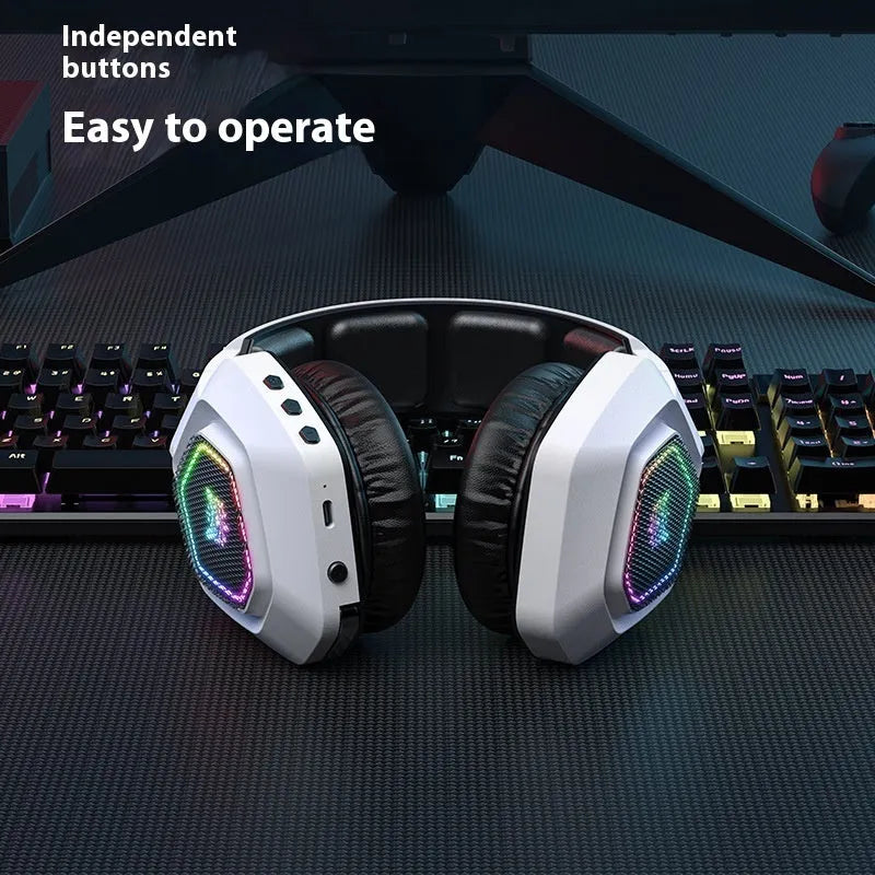 Black and white wireless gaming headset with RGB lights showing ultra-lightweight 24g design