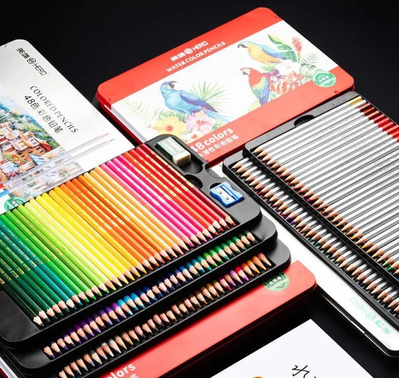 Water-soluble oil-based colour pencil set in tin box, 36 48 72 colours, for wet and dry drawing
