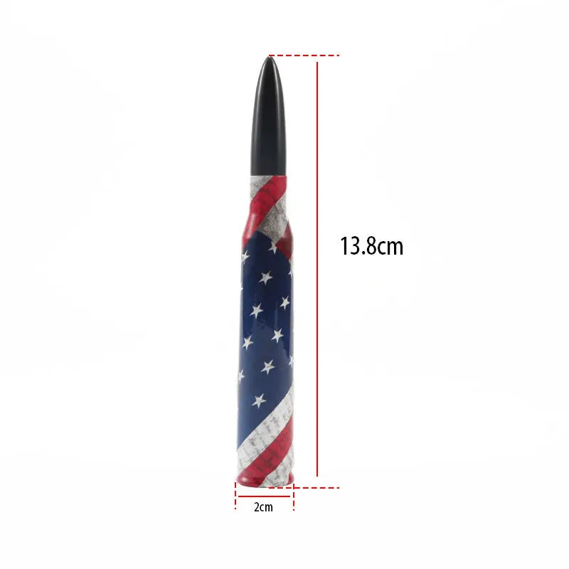 14cm bullet car antenna in camouflage green, American flag, and black colour options for modified vehicles