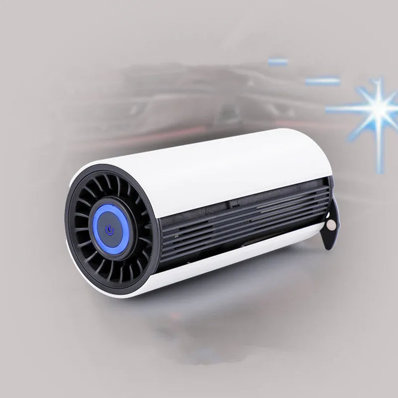 White ABS car air purifier with negative ion and USB power, placed in a cup holder