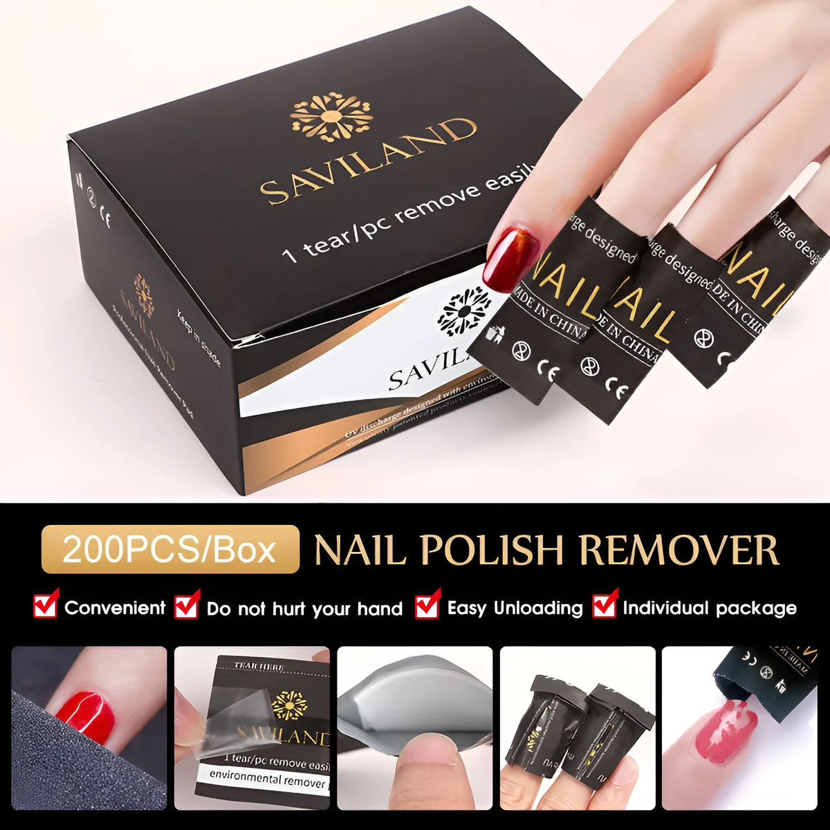 Black nail polish remover wraps, 200 PCS per box, self-contained cotton, 132mm x 53.5mm x 103mm box