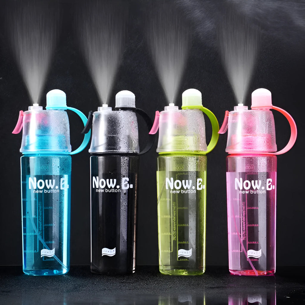 Green portable sports mist spray cup with handle, spray nozzle, and visible water level scale.