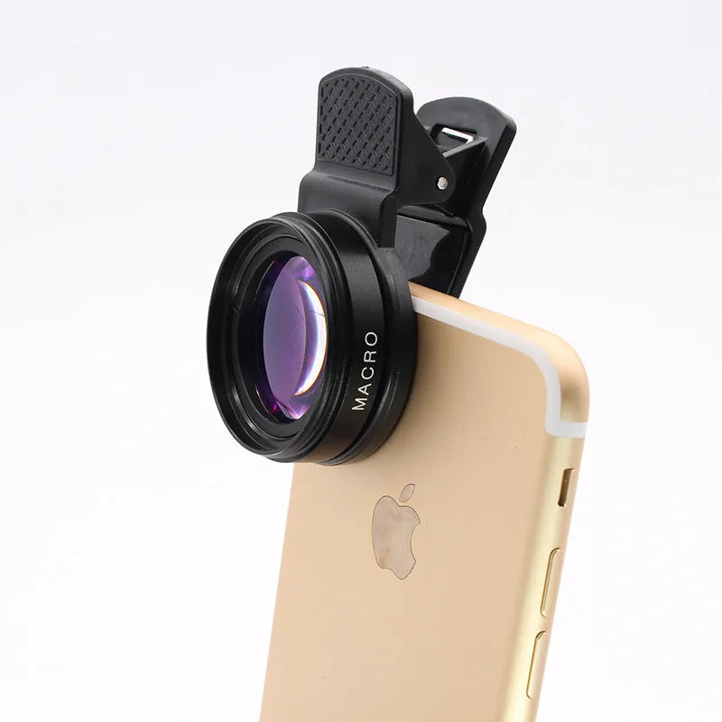 Black 0.45x wide-angle and 12.5x macro phone lens kit with universal clip on a smartphone