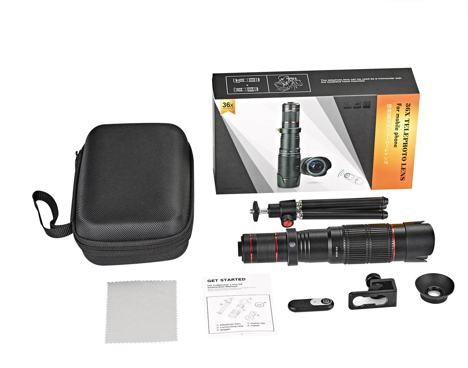 Black 36x telephoto mobile phone telescope lens showing 22.5cm length