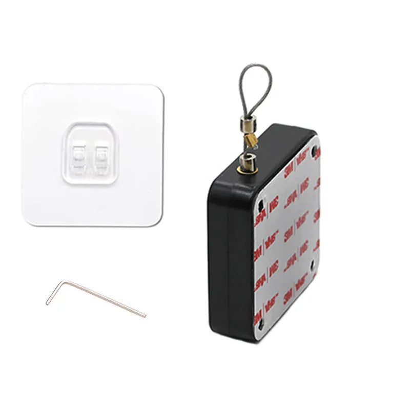 Automatic door closer with adhesive backing and transparent hook for punch-free installation on a door.