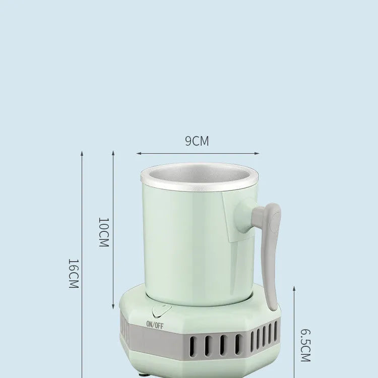 White mini cooling cup with semiconductor refrigeration base on desk