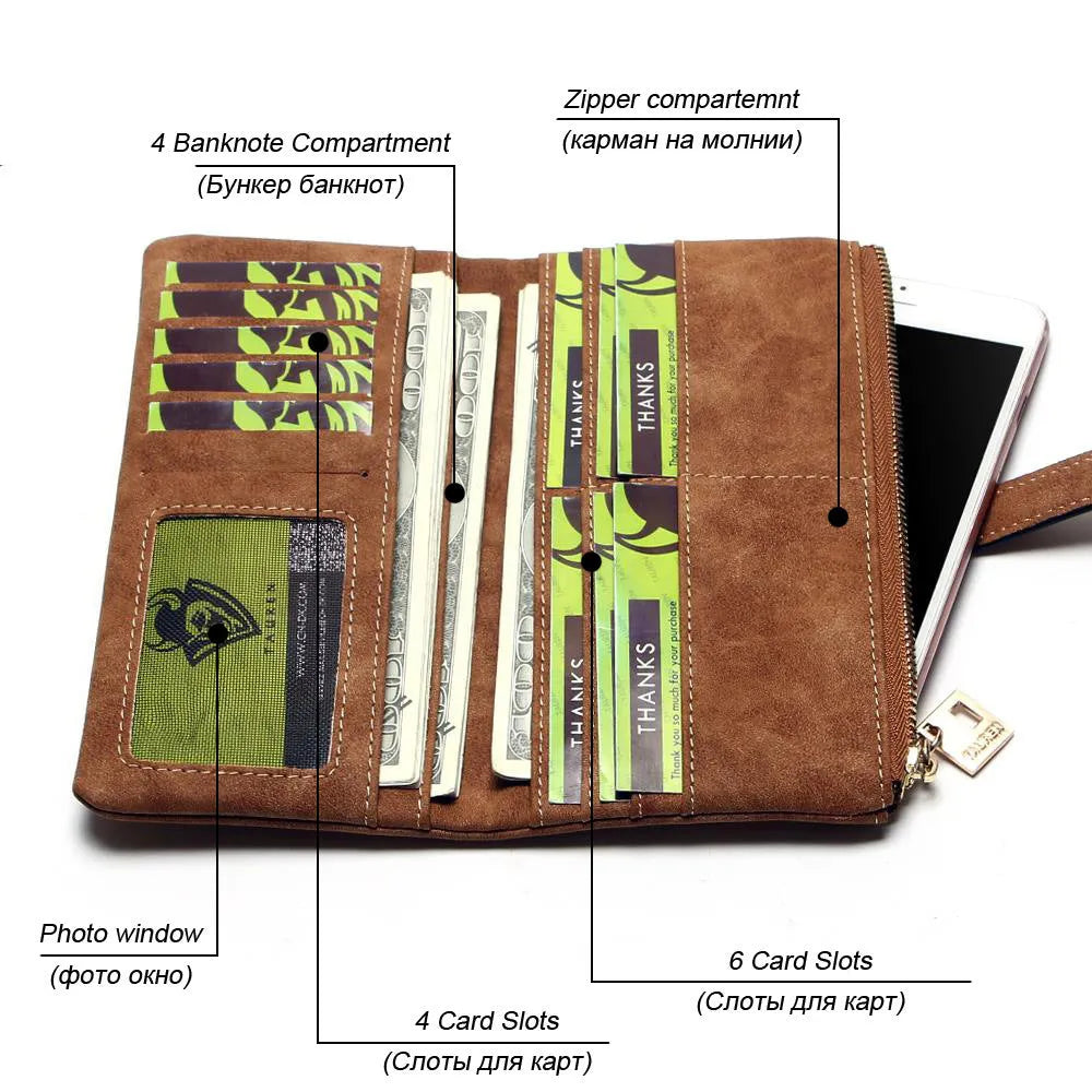 TAUREN women's retro matte leather long wallet open showing internal card slots and zip pocket
