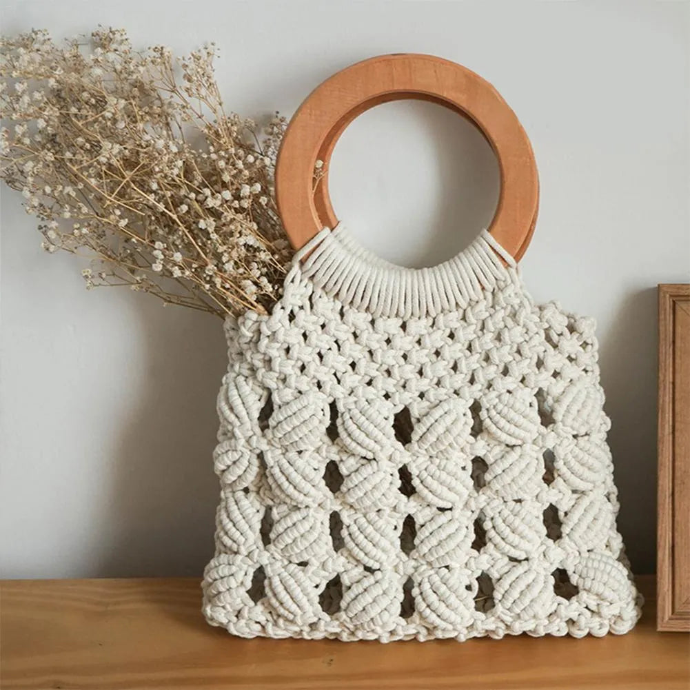 Fashion cotton rope straw women bag with round wooden handle, hollow weave, 28x30cm, brown colour