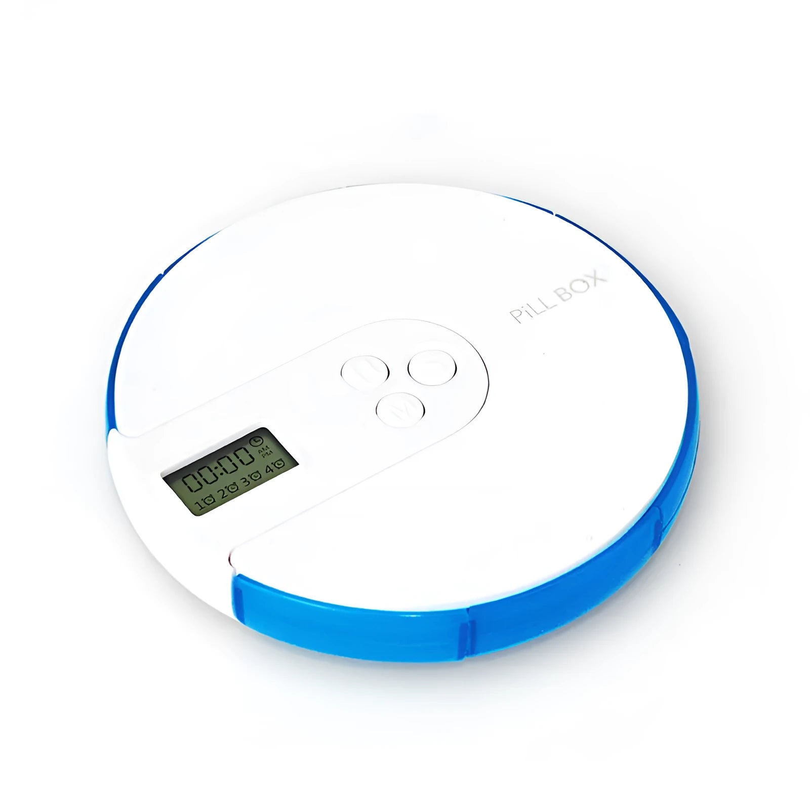 Blue 7-compartment alarm clock pill dispenser showing time display and open compartments.