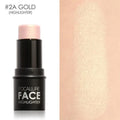 Face contour highlighter makeup product with attached brush applicator, shown in four colour shades.
