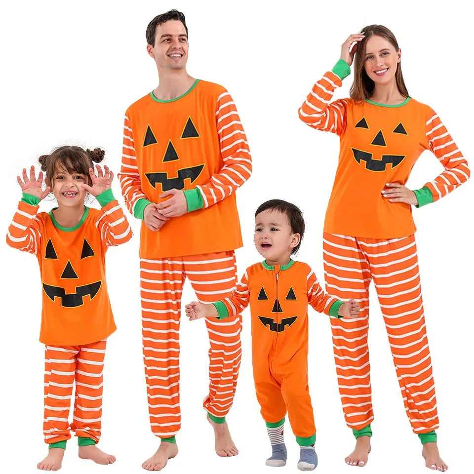 Orange cartoon print polyester family pajama set with top and trousers for Halloween