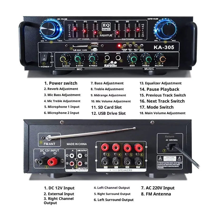 KA-305 black household power amplifier with Bluetooth and EQ equaliser, front panel controls and ventilation grille