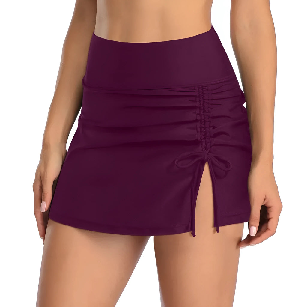 Women's solid colour lace-trimmed casual swimming trunks in polyester fabric.