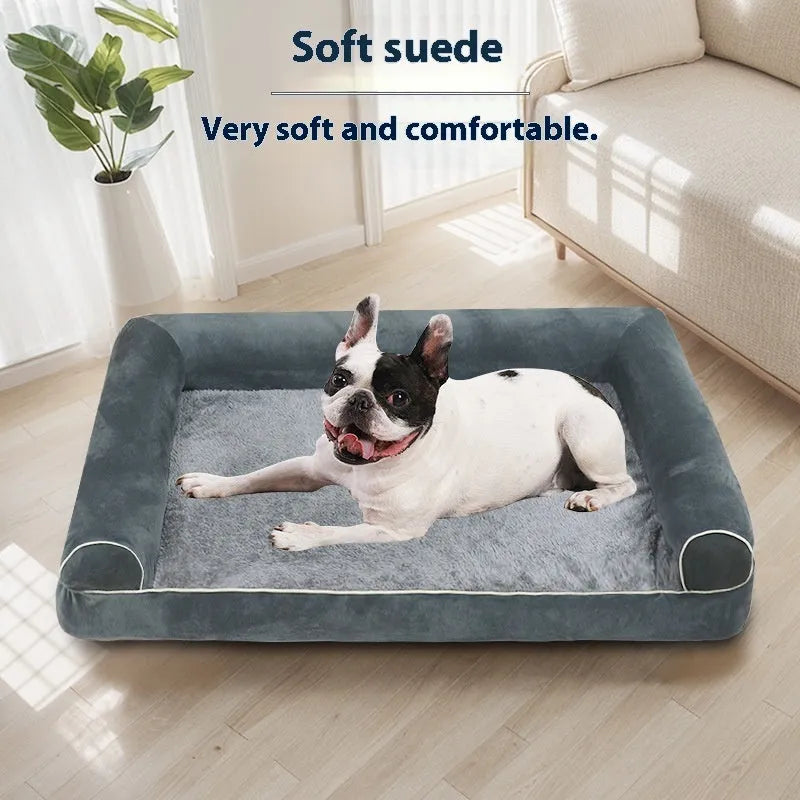 A square blue cloth dog bed with a sponge interior, shown next to size and colour options.