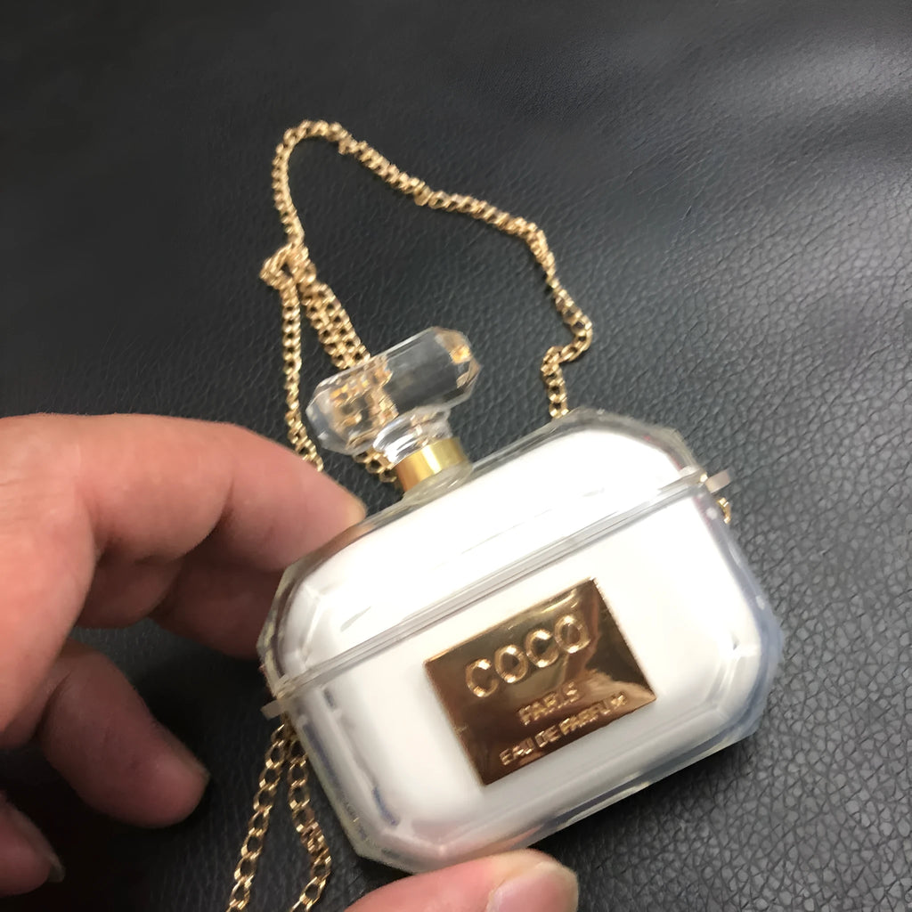 White perfume bottle design silicone case cover for Apple AirPods Pro and AirPods 3 charging box.