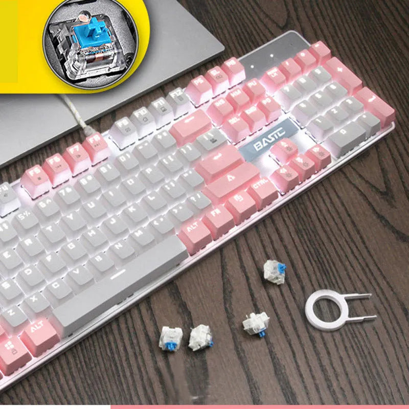 Pink mechanical keyboard with 104 keys and wired USB cable