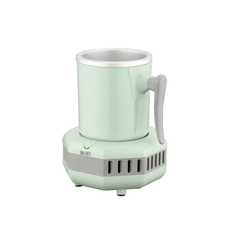 White mini cooling cup with semiconductor refrigeration base on desk