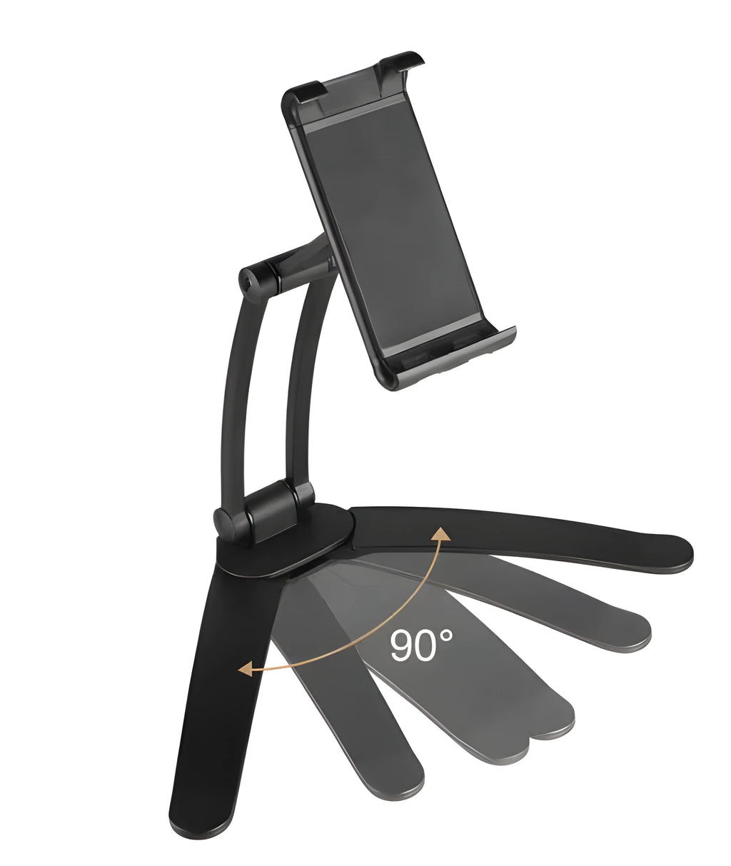 Silver aluminium alloy desktop stand holding a tablet at an angle, with adjustable clips and a white mounting base.