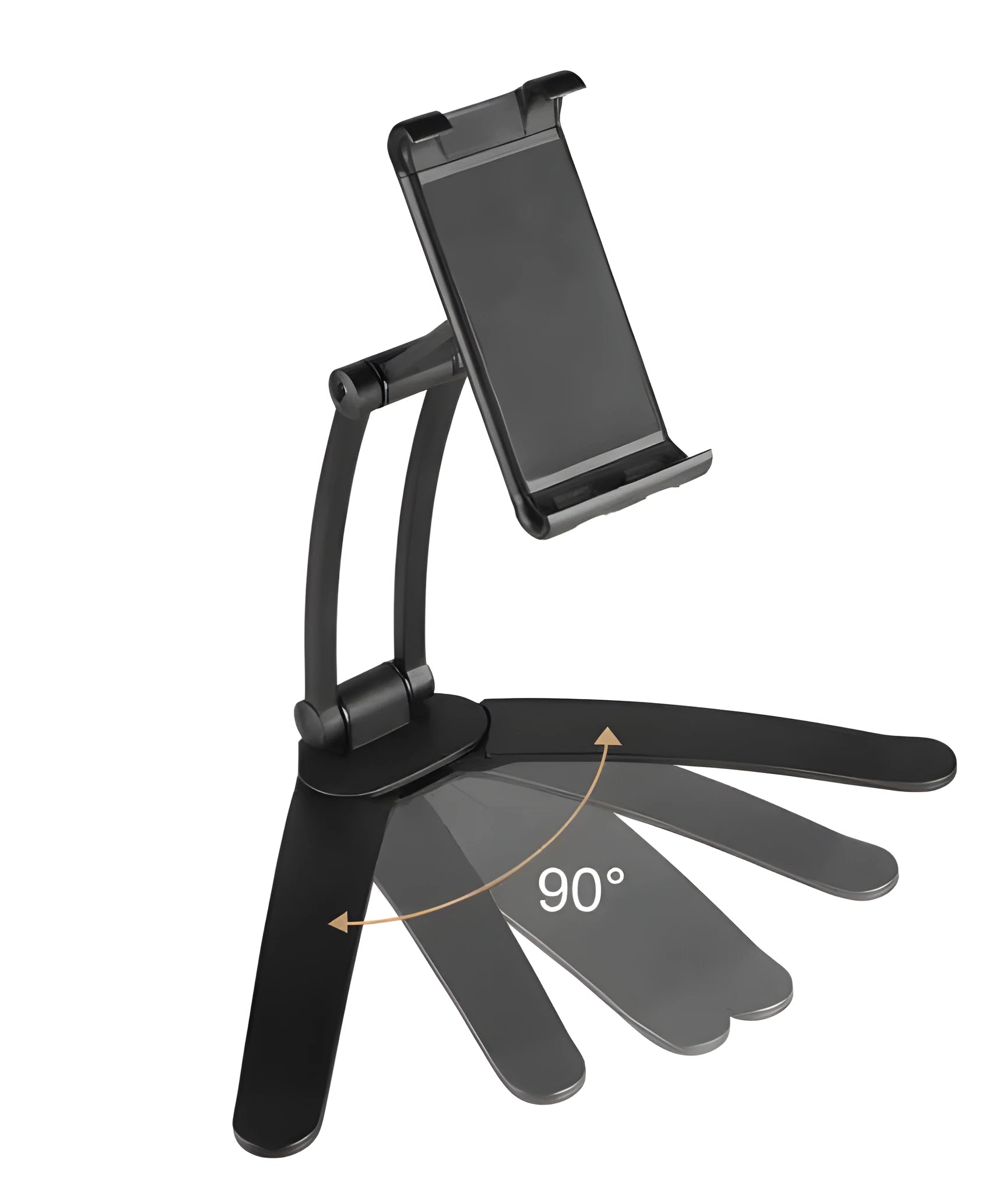 Silver aluminium alloy desktop stand holding a tablet at an angle, with adjustable clips and a white mounting base.